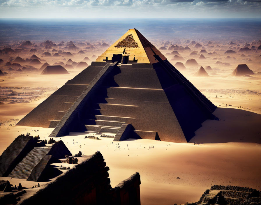 Desert landscape with large and small pyramids under dramatic sky