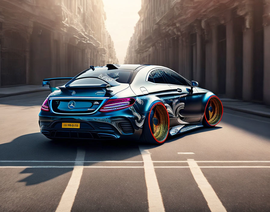 Black Mercedes with flame design wheels speeding on urban street.