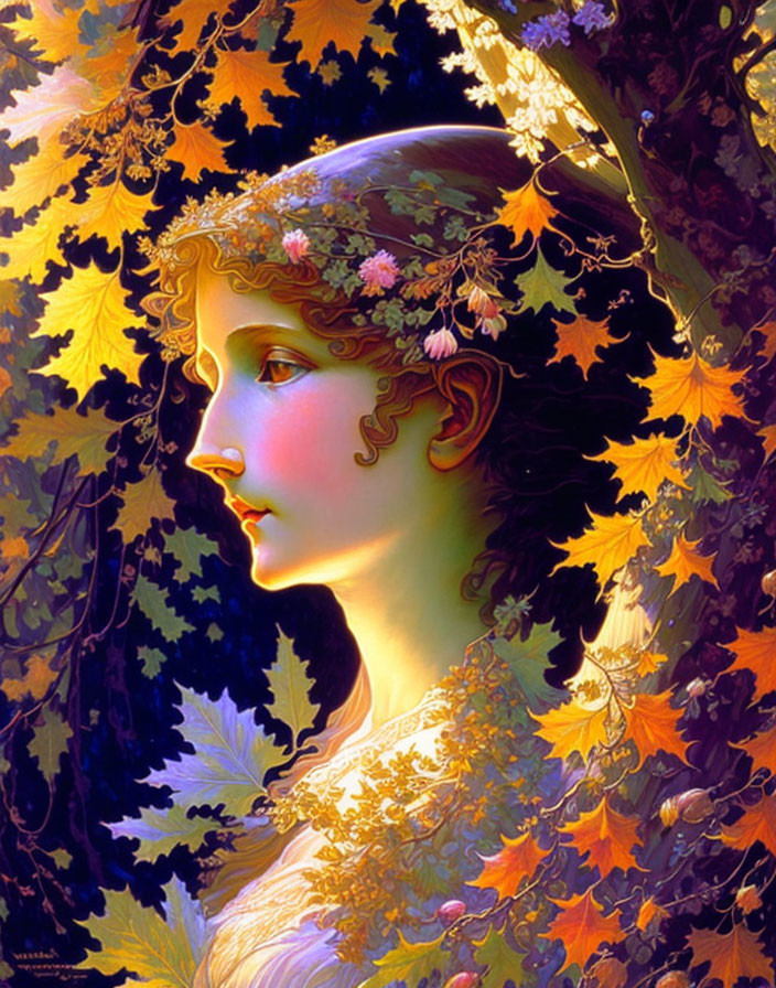 Colorful Illustration: Woman with Flowers in Hair, Surrounded by Autumn Leaves