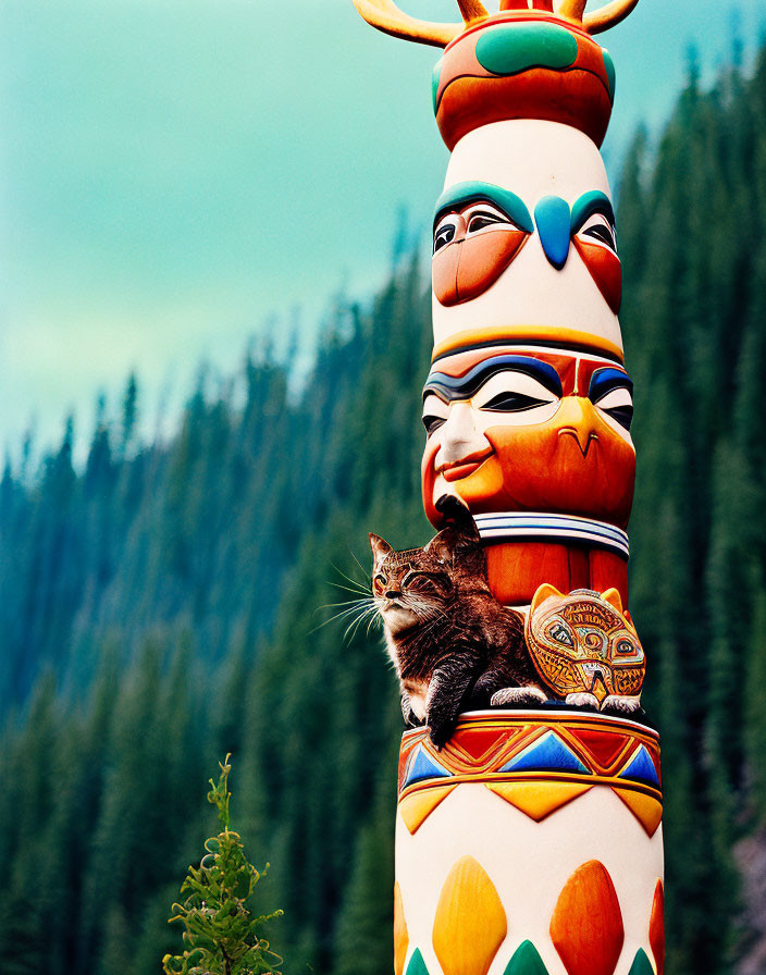 Cat resting on vibrant totem pole in pine tree landscape