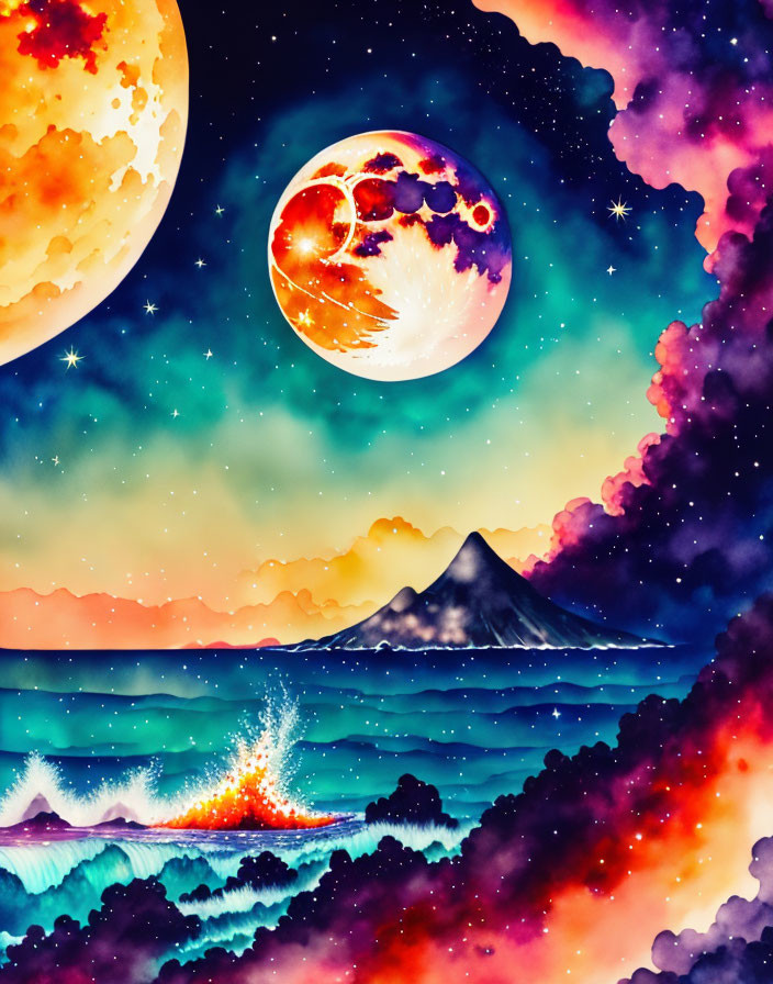 Colorful surreal artwork: Large moon, mountain, sea, cosmic clouds