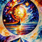 Vivid yin yang painting with sun, moon, stars, and boat on water