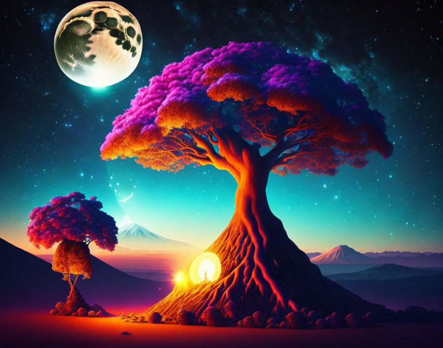 Vibrant trees, moon, planet, and mountains in surreal landscape