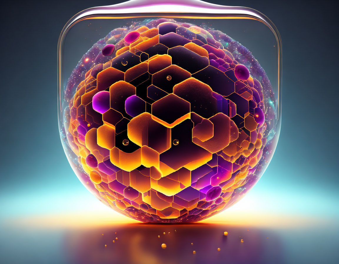 Colorful digital artwork of hexagon-patterned sphere in glass container on blue background