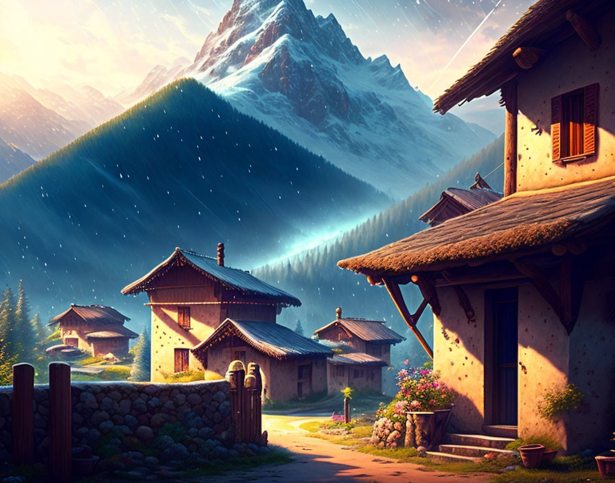 Thatched Roof Village Scene with Snowy Mountain Background