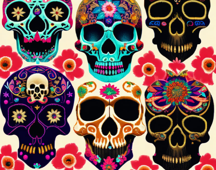 Colorful Skulls with Floral and Ornate Patterns on Black Background