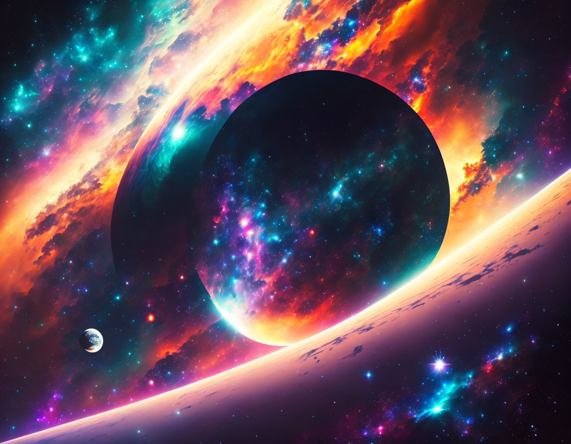 Colorful Space Scene with Dark Planet, Nebula, Distant Planet, and Stars