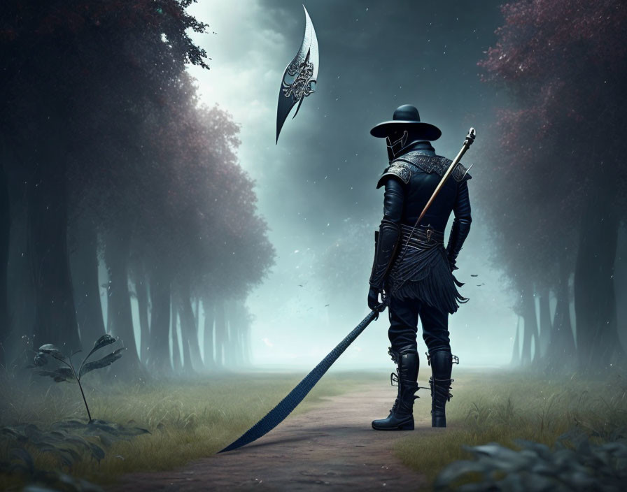 Mysterious knight on forest path with levitating ornate axe