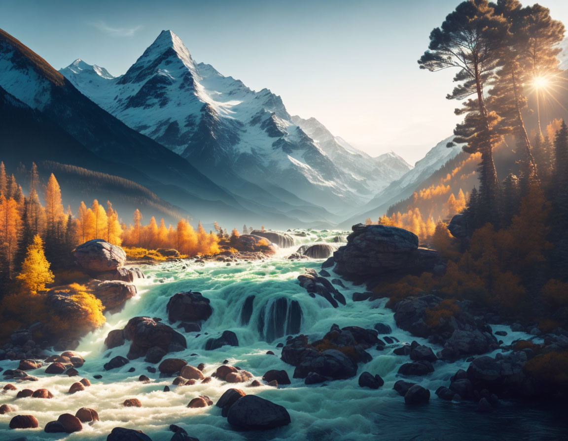 Autumn mountain landscape with river, waterfalls, and colorful trees