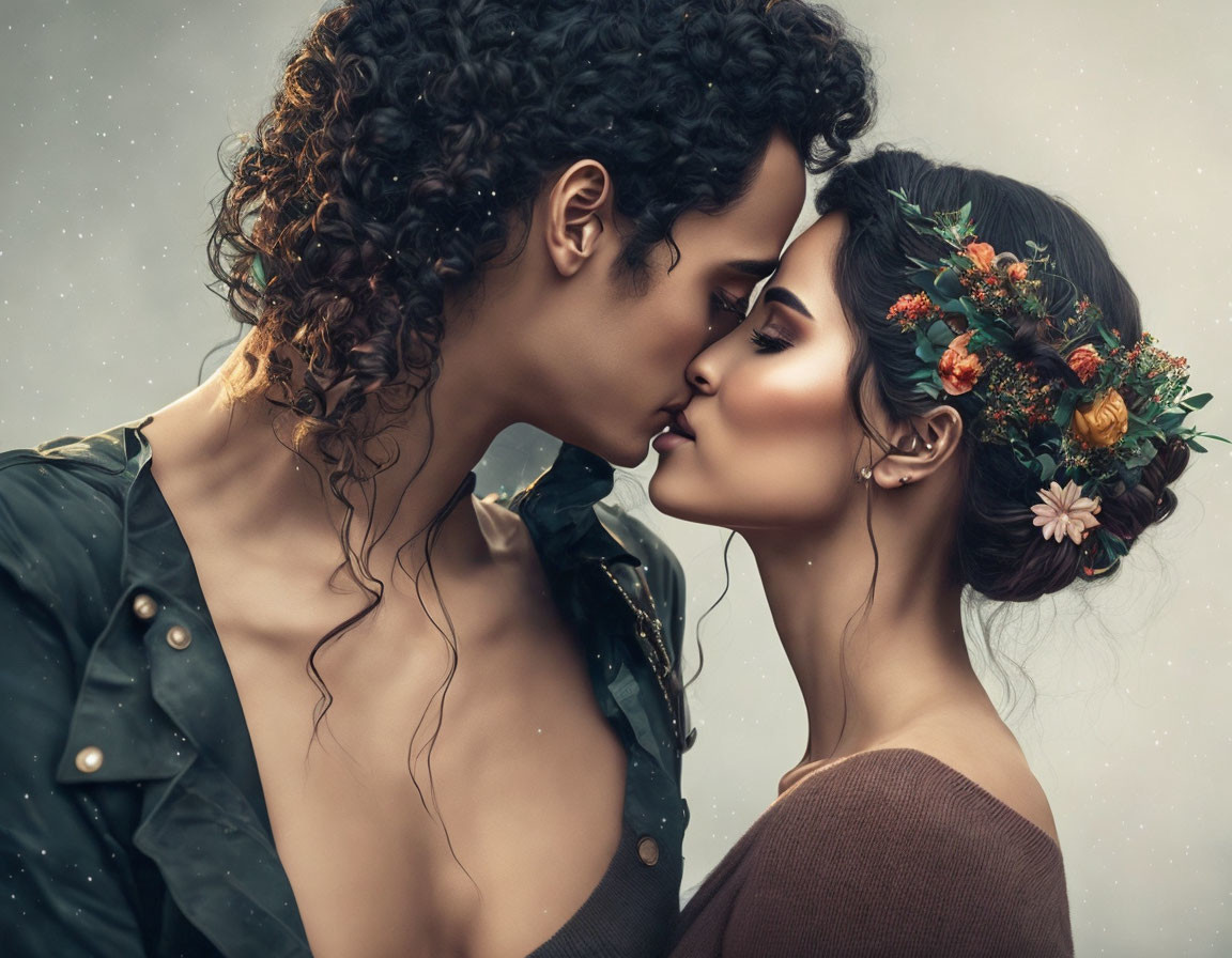 Romantic close-up of couple in floral headpiece and green jacket