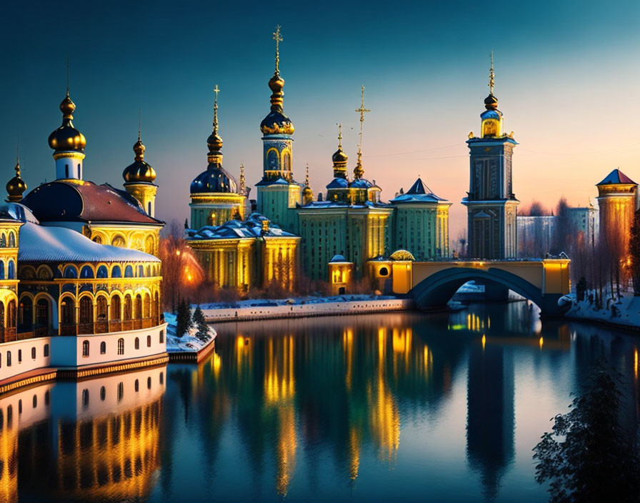 Ornate buildings with golden domes by calm river at twilight