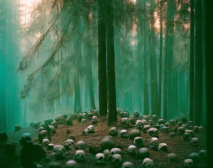 Surreal forest scene with scattered human skulls and misty sunlight