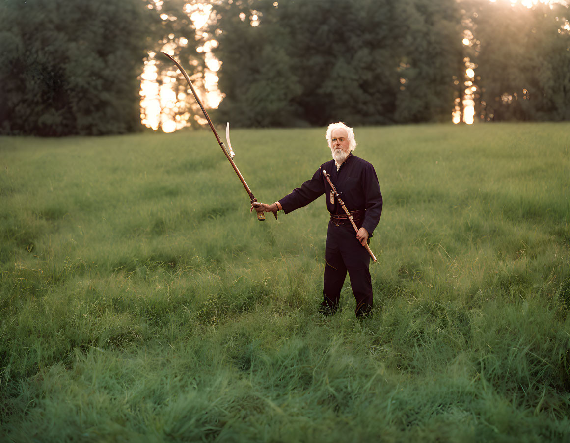 Elderly man with white hair and beard holding a longbow in grassy field at twilight