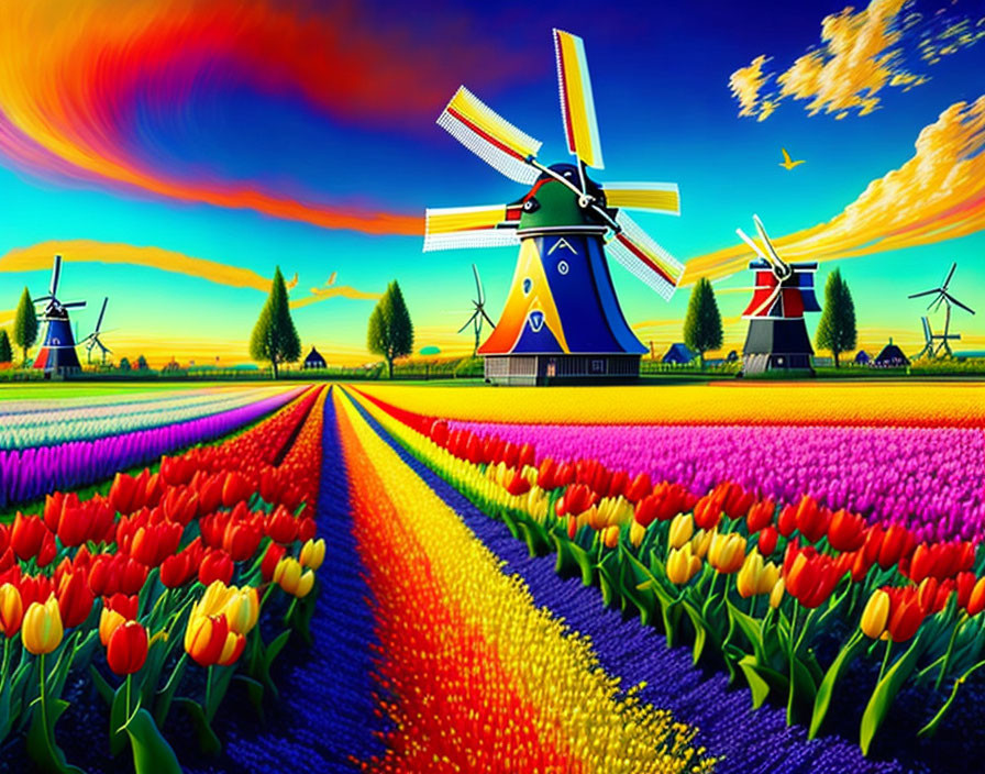 Colorful Tulip Fields and Dutch Windmills at Sunset