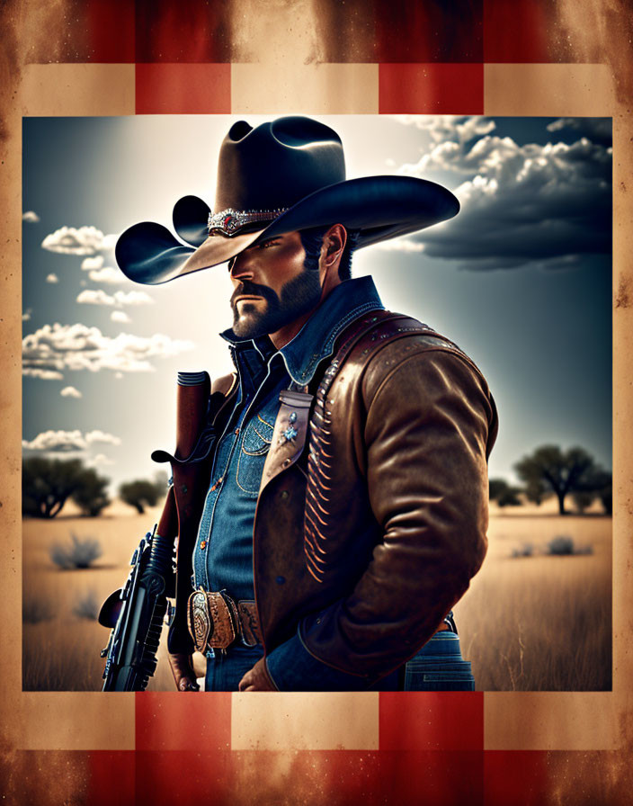 Cowboy in large hat and leather jacket with rifle in desert landscape