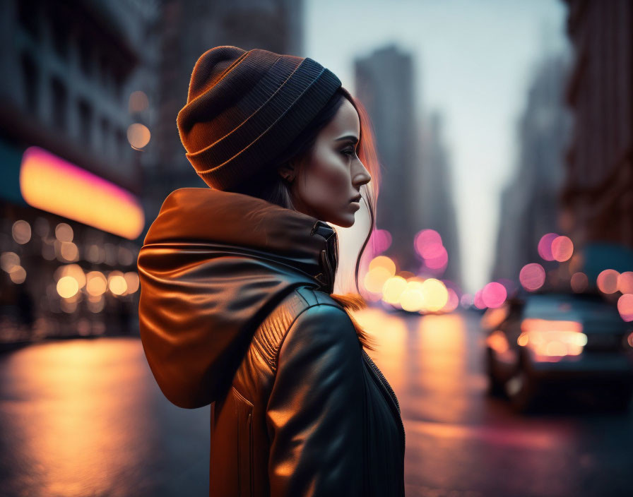 Person in Beanie and Leather Jacket Contemplates City Street at Dusk