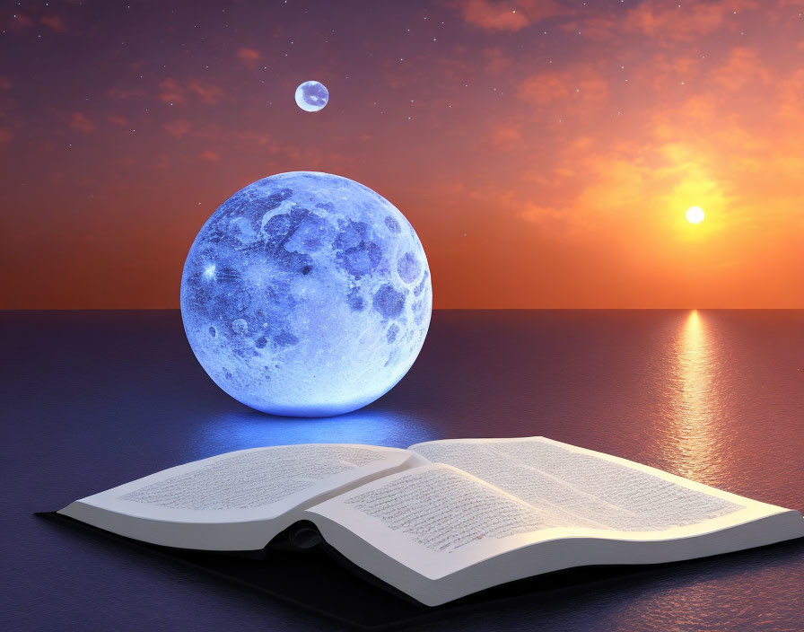 Open book with oversized moon, setting sun, and tranquil waters in surreal scene