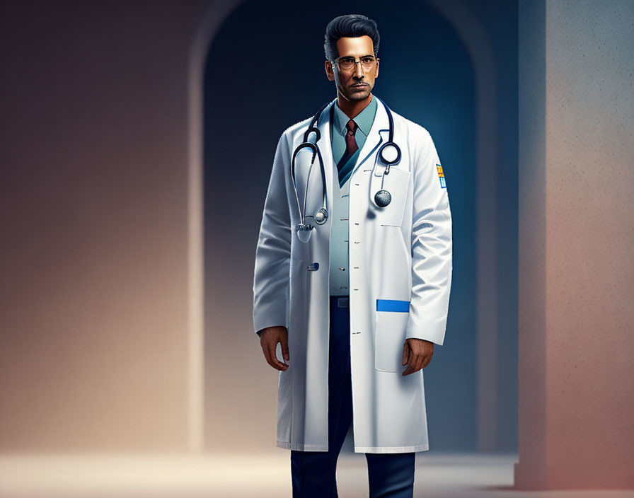 Male doctor illustration with stethoscope, glasses, and lab coat.