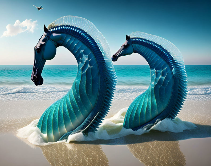 Seahorse Sculptures with Horse Heads on Sunny Beach