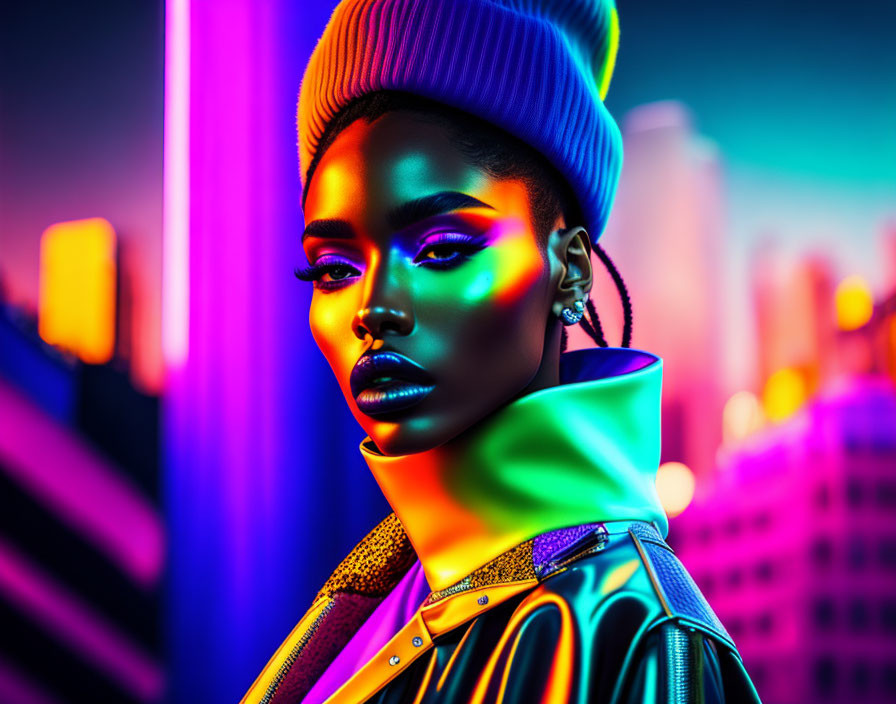 Woman with vibrant makeup in neon lighting, beanie & high-collar jacket in city dusk