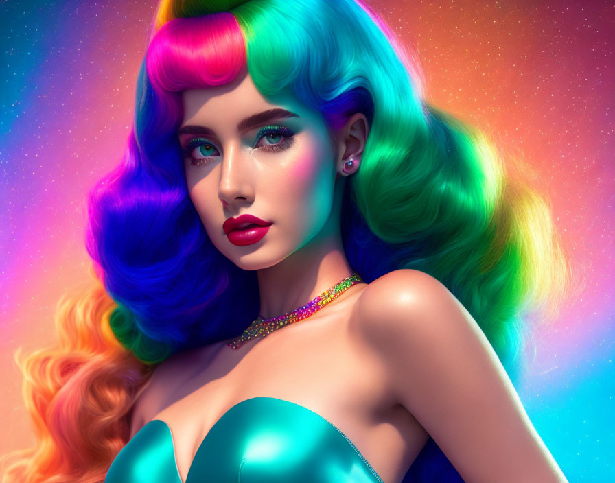 Colorful digital artwork: Woman with rainbow hair and blue eyes on vibrant background