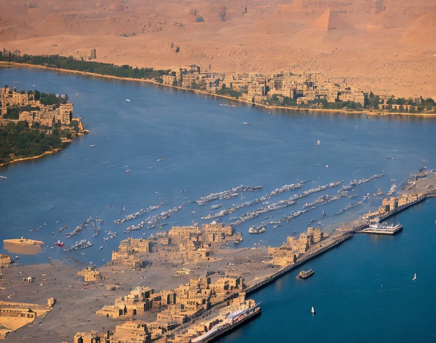 Wide River with Boats Surrounded by Urban and Desolate Landscapes