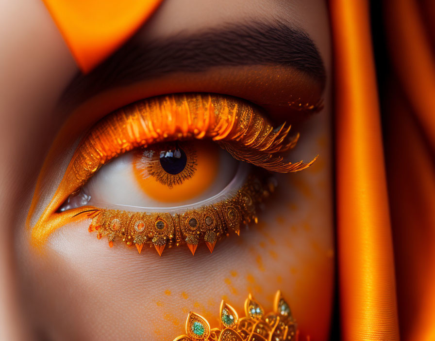 Eye with Orange Makeup and Gold Jewelry on Orange Background