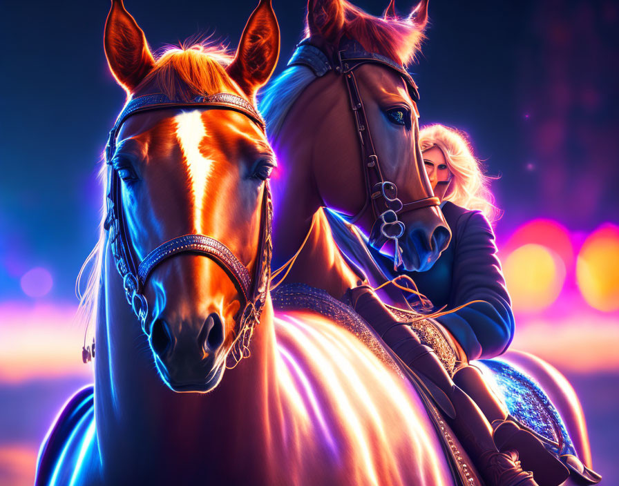 Digital Art: Majestic horses and rider in neon-lit night scene