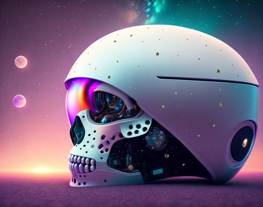 Skull with Cybernetic Features on Cosmic Background