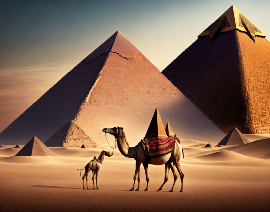 Camels at Egypt's Pyramids with Long Shadows