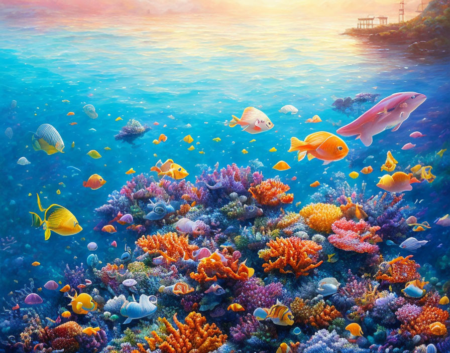 Colorful Fish Swimming Above Coral Reef Under Sunset