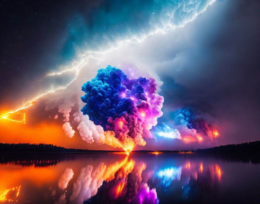 Colorful Thunderstorm with Lightning Reflecting in Calm Lake