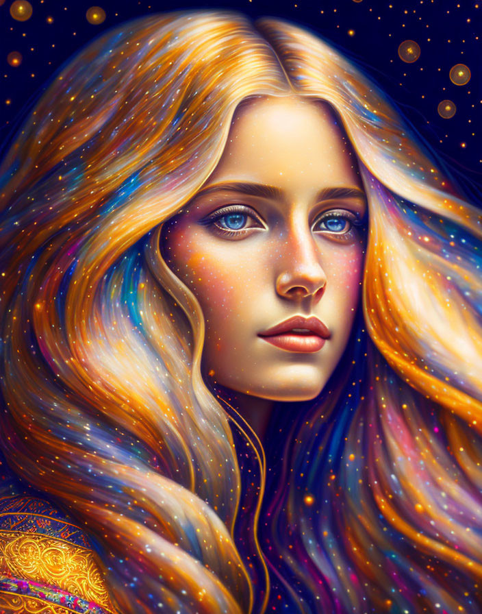 Celestial woman portrait with flowing hair and mystical aura