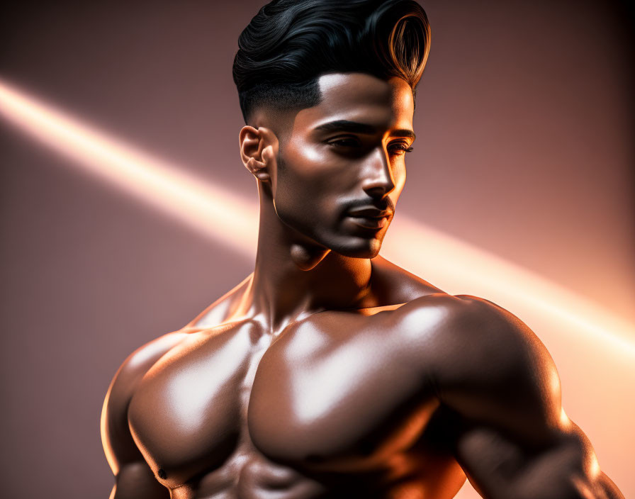 Muscular male digital portrait with classic hairstyle in warm lighting