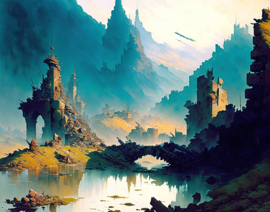 Ethereal fantasy landscape with ruins, spires, and misty mountains