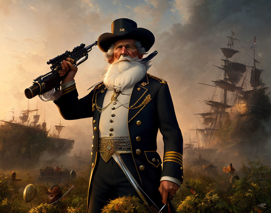 Elderly military officer in naval uniform with steampunk rifle and historical battle scene