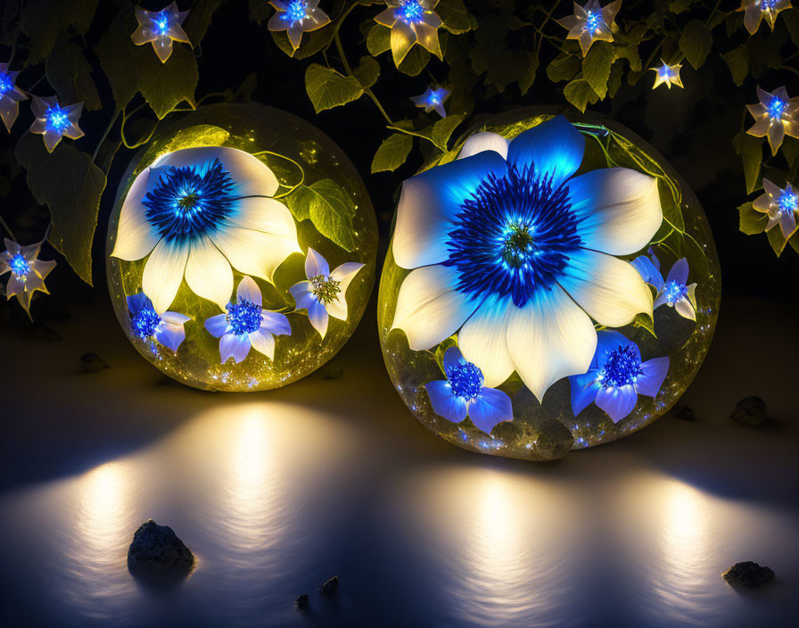 Blue floral pattern glass spheres with star-shaped lights casting soft reflections