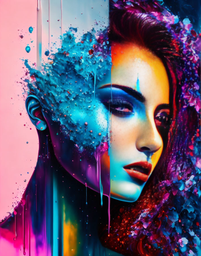 Vibrant portrait of a woman with half face in paint drips on colorful background