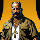 Bald Animated Character with Goatee and Cross Chain on Khaki Shirt