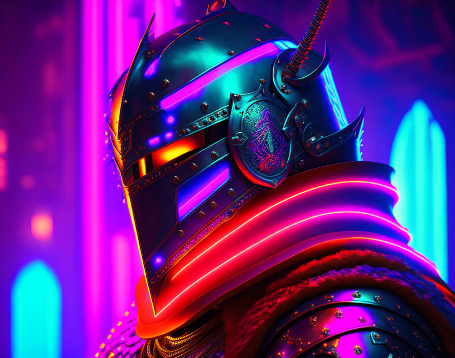 Digital artwork: Knight in armor with neon accents and dragon emblem on futuristic backdrop