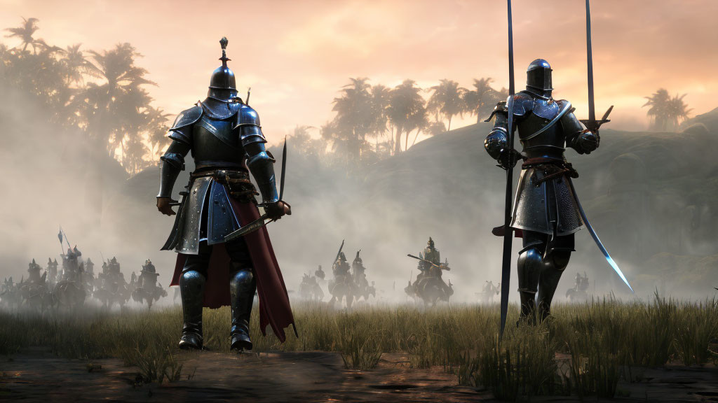 Two armored knights facing army on misty battlefield at dusk