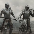 Medieval knights in full plate armor with swords and lances in front of a castle and stormy