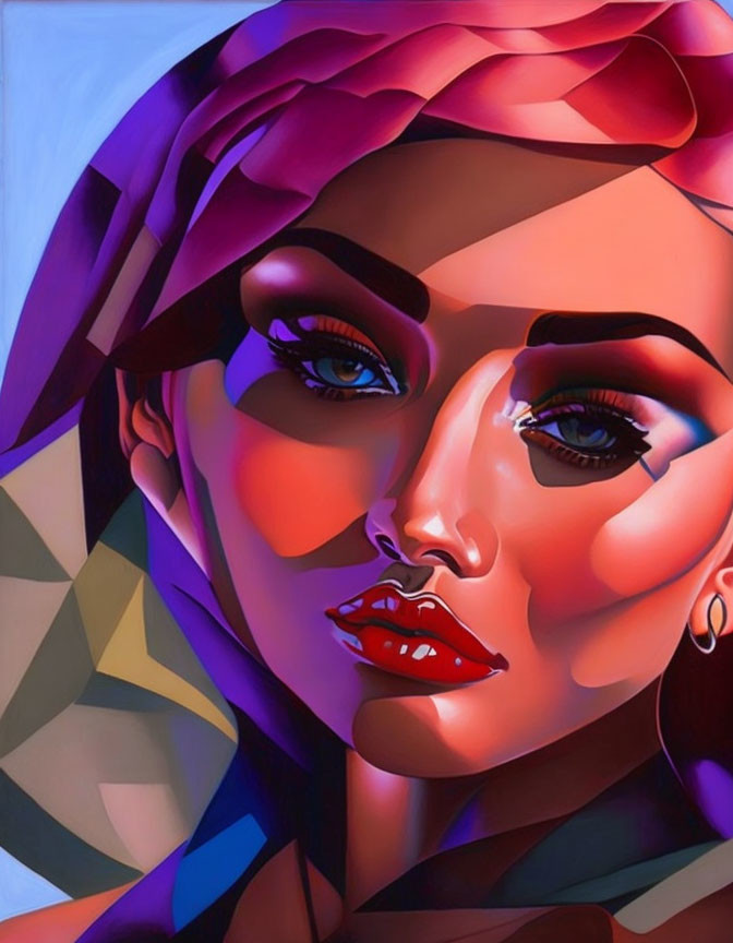 Vibrant portrait of a woman with geometric makeup in purple, red, and blue palette