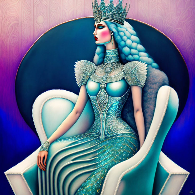 Blue-skinned female figure in regal attire on throne.