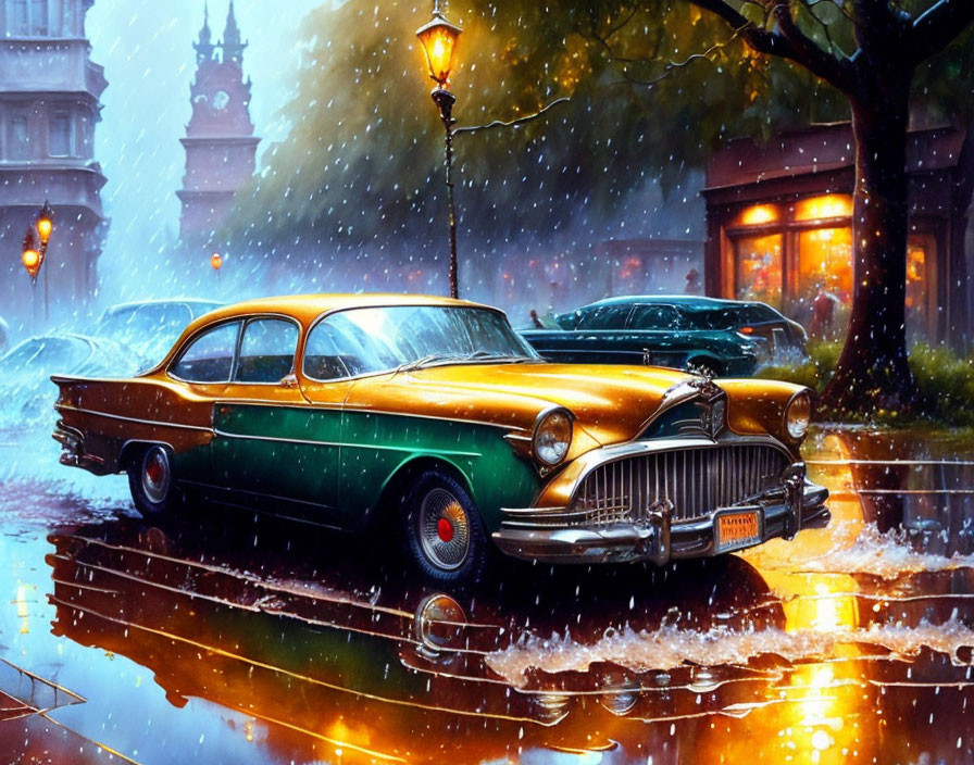 Vintage car parked on wet street with autumn leaves and glowing streetlights