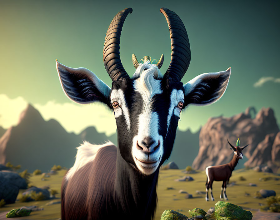 Majestic goat with curved horns in scenic mountain landscape