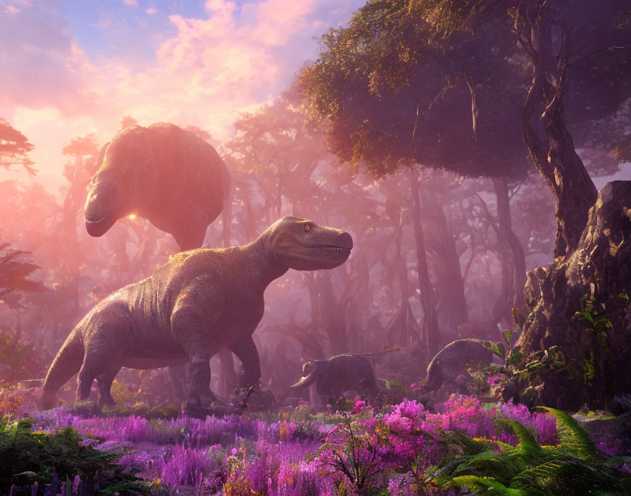 Prehistoric dinosaur scene in vibrant sunrise landscape