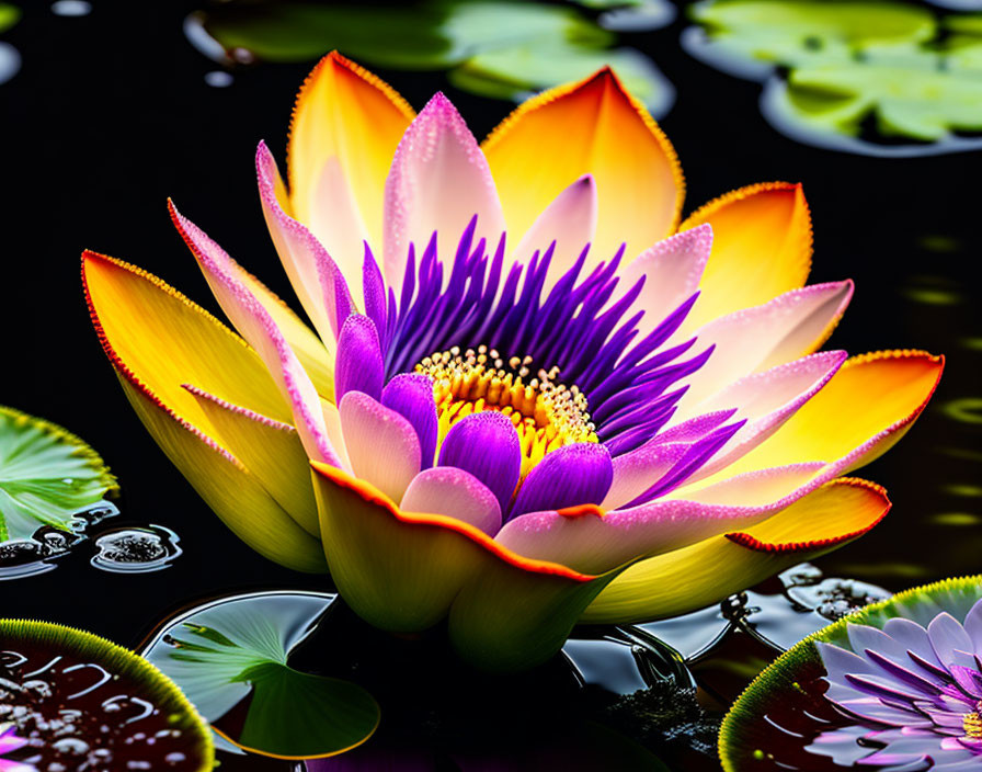 Colorful water lily with yellow and pink petals on calm water with lily pads