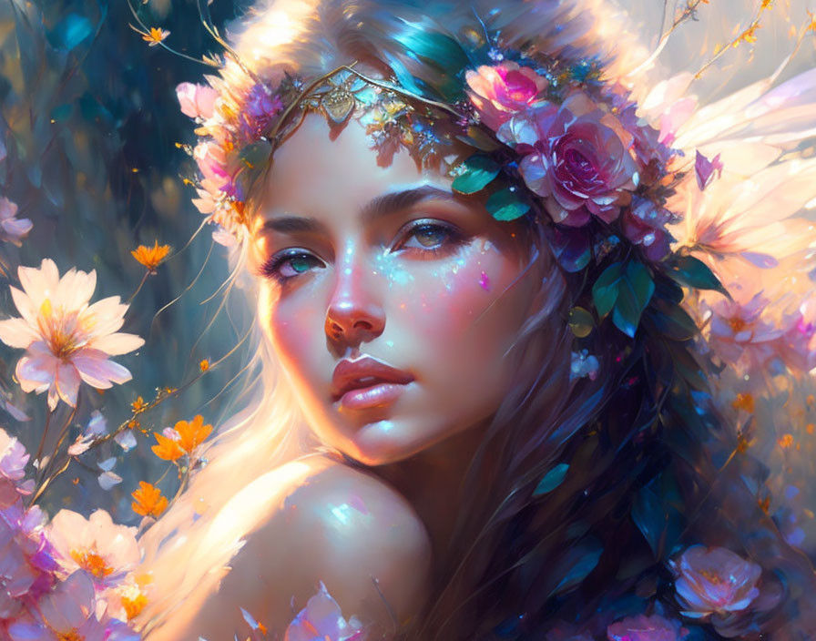 Portrait of young woman with floral crown in magical setting