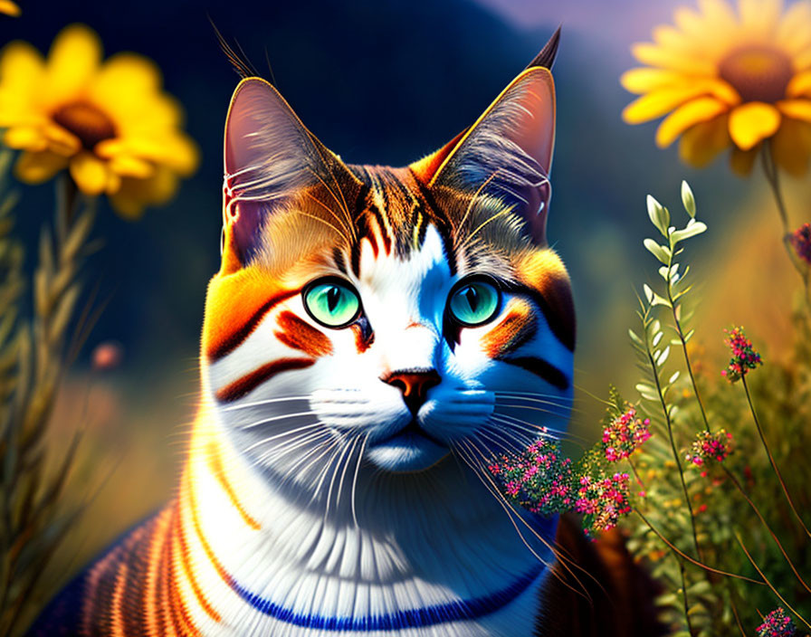 Colorful Digital Artwork: Cat with Blue Eyes Among Sunflowers